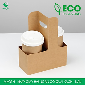 MKQ1N - 17.5x8x9 cm - Combo 20 Khay giấy 2 ngăn quai xách màu nâu siêu chắc, hộp giấy 2 ngăn chống thấm đựng ly nước, hoa và quà tặng