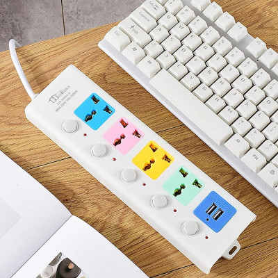 Ổ Cắm Điện USB Đa Năng Cao Cấp Chống Giật 4 Cổng Cắm 2 Cổng USB Công Suất 2500W, Có Chốt An Toàn Dây 2 Đến 5m Tiện Dụng