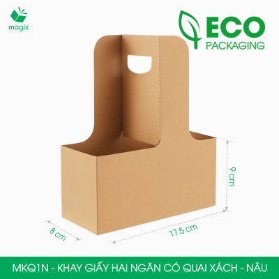 MKQ1N - 17.5x8x9 cm - Combo 20 Khay giấy 2 ngăn quai xách màu nâu siêu chắc, hộp giấy 2 ngăn chống thấm đựng ly nước, hoa và quà tặng