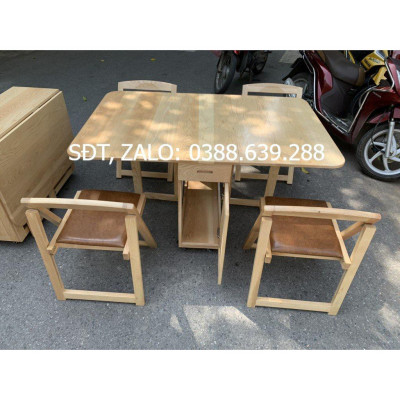 BÀN ĂN GỖ SỒI - GHẾ ĐỆM DA - BỘ 4 GHẾ