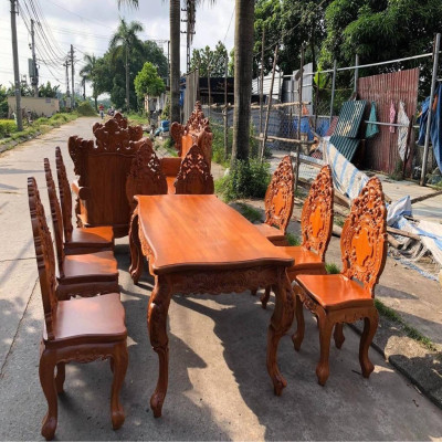 Bộ Bàn Ăn Louis Hoàng Gia Ván Tràn 8 Ghế Liền Vách Gỗ Gõ Đỏ
