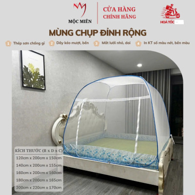 Màn Chụp , Mùng Chụp Cao Cấp Mộc Miên Đỉnh Rộng - Kích Thước 2,2mx2m Hoạ Tiết Hoa Lá Trắng Viền Xanh ( Hà Nội )