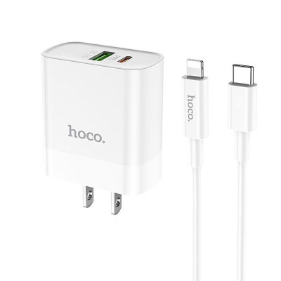 Bộ Sạc Nhanh Cho Iphone PD20W Hoco C80 chuôi dẹt 2 cổng Usb và Type-C kèm dây sạc Type-C sang iPhone - Hàng chính hãng