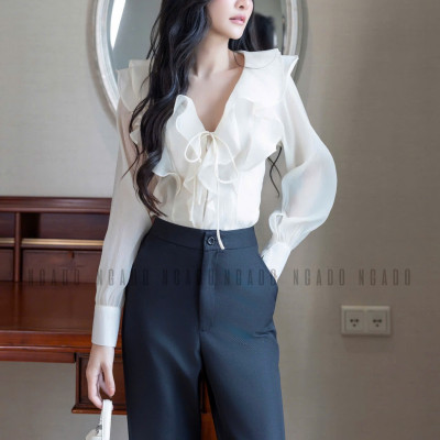 Áo sơ mi kem dài tay NGADO , áo voan tơ , áo công sở