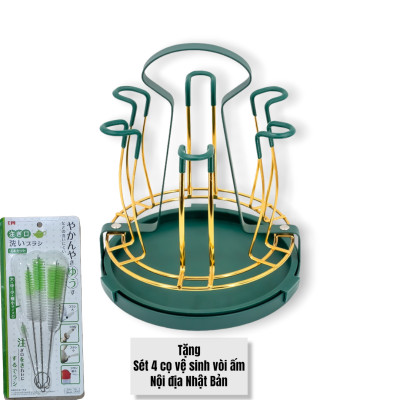 KHAY ÚP LY CỐC KIM LOẠI MÀU VÀNG - XANH CỔ VỊT CÓ ĐĨA HỨNG NƯỚC CAO CẤP - ( TẶNG SÉT 04 CỌ VỆ SINH VÒI ẤM NỘI ĐỊA NHẬT BẢN ) 