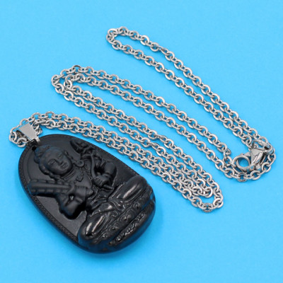 Vòng cổ phật Hư Không Tạng Bồ Tát - thạch anh đen 3.6cm DITTEB6 - dây inox bạc - tuổi Sửu, Dần
