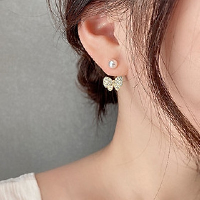 Khuyên tai mạ bạc 925 hình nơ phối ngọc trai nhân tạo đơn giản phong cách Hàn Quốc