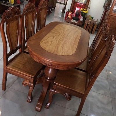 bộ Bàn ăn căm xe mặt gõ hình oval , bàn ăn bằng gỗ 6 ghế