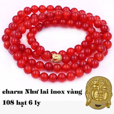 [Mệnh Hỏa, Thổ] Bộ Vòng Chuỗi, Tràng Hạt 108 Hạt 6 Ly Đá Thạch Anh Đỏ Charm Phật A Di Đà Inox - Tràng Chuỗi Niệm Phật - An Yên - Thịnh Vượng - May Mắn - Tài Lộc