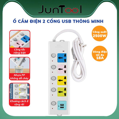 Ổ Cắm Điện USB Đa Năng Cao Cấp Chống Giật 2 Cổng Cắm USB Công Suất 2500W, Có Chốt An Toàn Dây 2m /5m Tiện Dụng