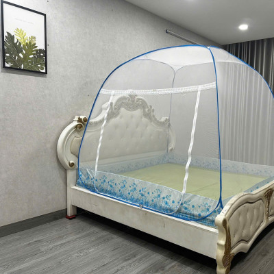Màn Chụp , Mùng Chụp Cao Cấp Mộc Miên Đỉnh Rộng - Kích Thước 2,2mx2m Hoạ Tiết Hoa Lá Trắng Viền Xanh ( Hà Nội )