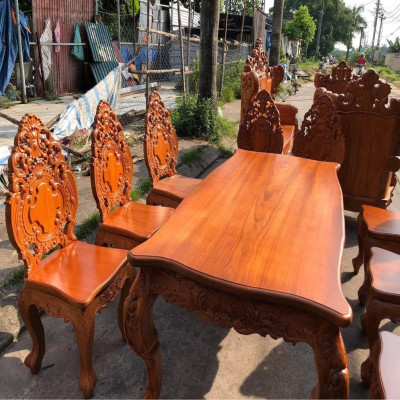 Bộ Bàn Ăn Louis Hoàng Gia Ván Tràn 8 Ghế Liền Vách Gỗ Gõ Đỏ