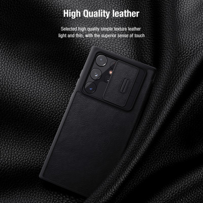 Case bao da chống sốc cho Samsung Galaxy S22 Ultra hiệu Nillkin Qin Pro trang bị nắp bảo vệ Camera (Chất liệu da cao cấp, có ngăn đựng thẻ, mặt da siêu mềm mịn) - hàng nhập khẩu