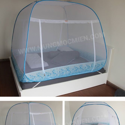 Màn Chụp Cao Cấp Mộc Miên Đỉnh Rộng - Kích Thước 1,6mx2m Hoạ Tiết Trắng Viền Xanh
