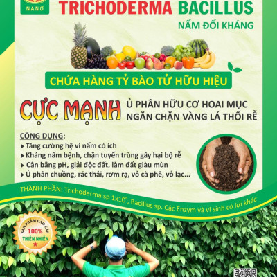 1kg Chế phẩm vi sinh Trichoderma TRIBAC. Nấm Đối Kháng cực mạnh. Ngăn chặn tuyến trùng, nấm bệnh gây vàng lá thối rễ. Ủ phân chuồng hoai mục