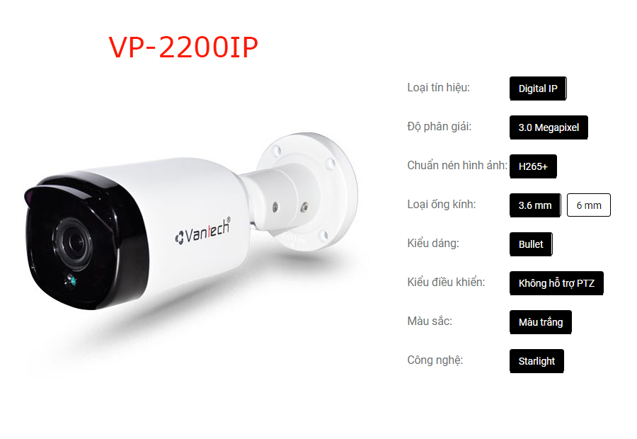 Vantech Camera 3.0MP Supper Starlight Bullet VP-2200IP-Hàng chính hãng