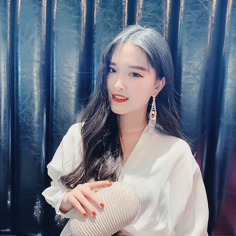 Bông tai khuyên đính đá dáng dài sexy pha lê rhinestone