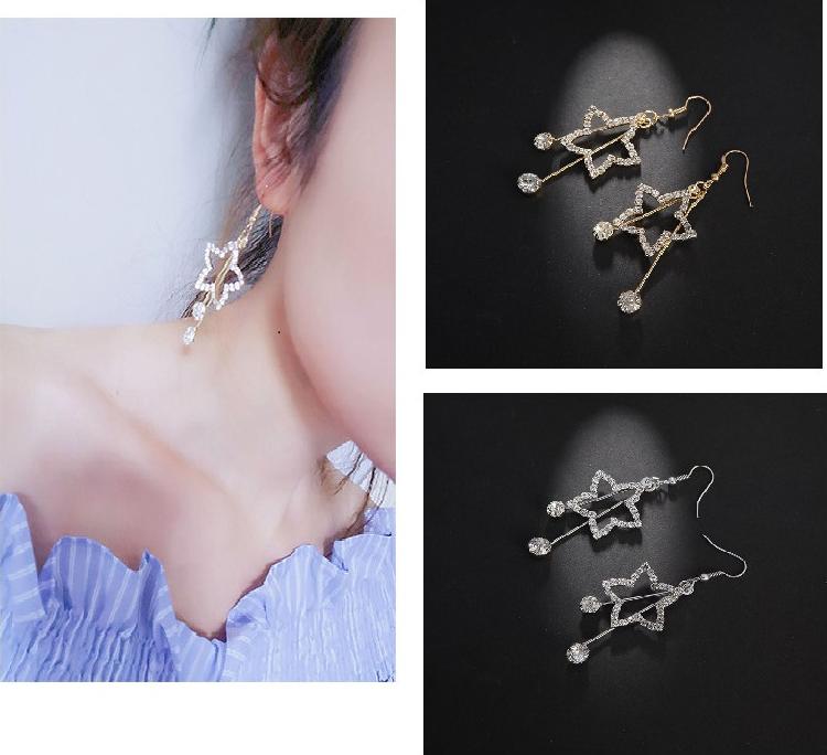 Bông tai nữ sao 5 cánh rỗng, 2 đuôi đính đá