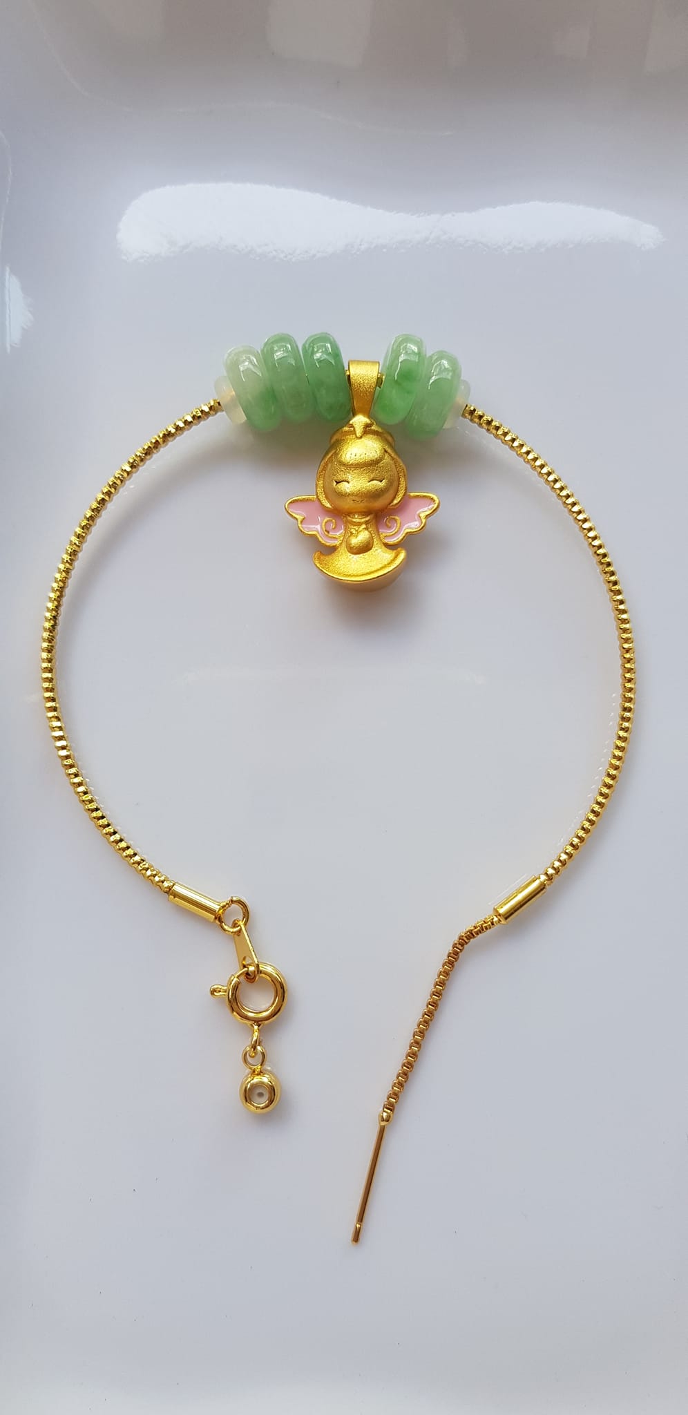 Vòng Tay charm xinh đẹp 5 đồng tiền đá cẩm thạch tự nhiên Vòng phối charm hình bé thiên thần vòng màu vàng khoen rút xinh Nữ đeo dễ thương ạ