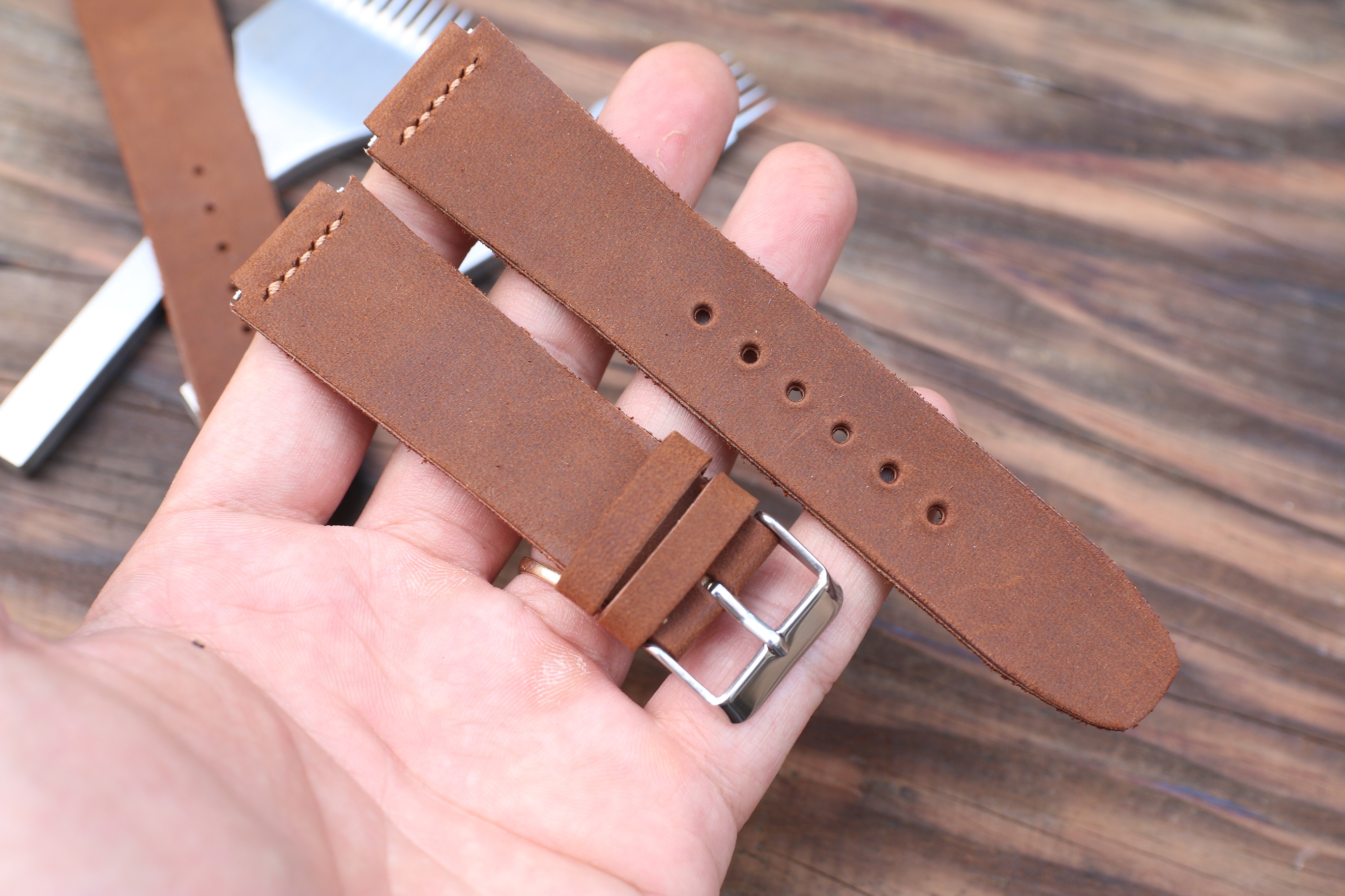 Dây Da Thật Thay Thế Dành Cho Đồng Hồ Casio AE1200 Da Sáp Nâu Sậm Handmade