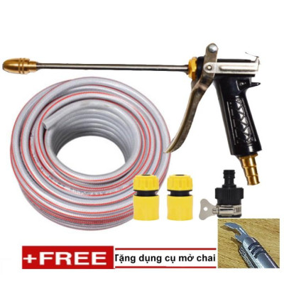 Bộ dây vòi xịt nước rửa xe, tưới cây . tăng áp 3 lần, loại 20m 206318 đầu đồng, cút,nối đen+ tặng mở chai