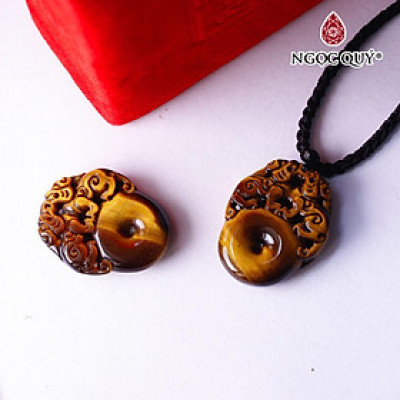 Mặt dây chuyền cặp tỳ hưu tọa đồng điếu đá mắt hổ vàng nâu mệnh thổ, kim - Ngọc Quý Gemstones