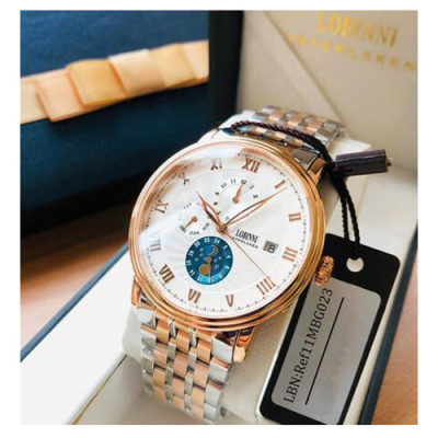 Đồng hồ nam chính hãng Lobinni Ref.1023-6 (Phiên bản đặc biệt Limited) Kính sapphire nguyên khối ,chống xước,chống nước 50m ,mặt trắng vỏ vàng hồng dây kim loại thép không gỉ 316L ,Đồng hồ cơ (Automatic) ,BH 24 tháng,thiết kế sun and moon sang trọng