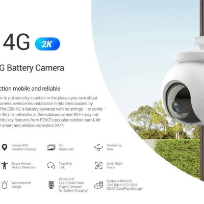 Camera Ezviz Pin Sạc EB8 2K dùng Sim 4G, Tặng Kèm Tắm Pin NLMT, định vị GPS, có màu ban đêm - Hàng chính hãng