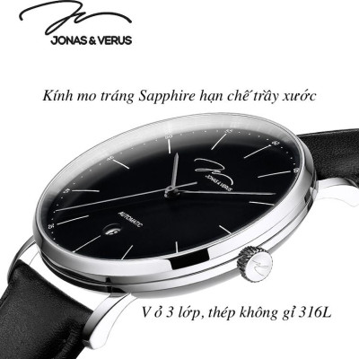 Đồng hồ đeo tay Nam hiệu JONAS & VERUS Y01544-A0.WWBLB, Máy Cơ (Automatic), Kính mo tráng sapphire hạn chế trầy xước, Dây da Italy