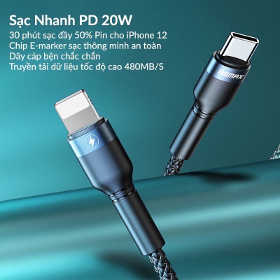 Cáp Sạc Nhanh 20W Dành Cho iPhone Remax RC-171, Chuẩn TypeC to IP, Sử Dụng Chip E-marker, Chống Sạc Quá Tải, Chống Gãy Cáp - Hàng Chính Hãng