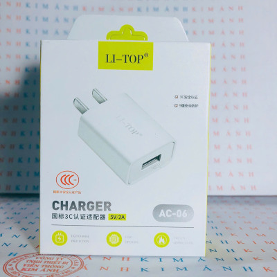 Củ sạc LI-TOP ( AC06 ), dòng điện 5V-2A, đạt chứng nhận 3C tiêu chuẩn quốc gia, Kim Ánh bảo hành hàng chính hãng 12 tháng