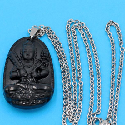 Vòng cổ phật Hư Không Tạng Bồ Tát - thạch anh đen 3.6cm DITTEB6 - dây inox bạc - kèm hộp nhung - tuổi Sửu, Dần