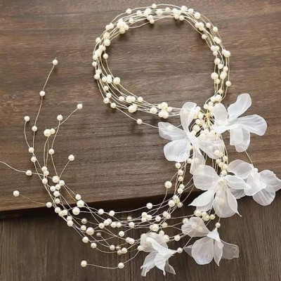 Cài tóc cô dâu -phụ kiện cưới giang - cài tóc hạt trai nhiều lớp đính hoa voan SP002895