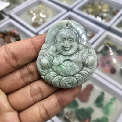Mặt dây chuyền Phật Di Lặc ngồi trên xâu tiền phong thủy đá ngọc phỉ thúy