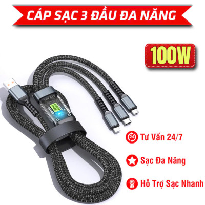 Dây cáp sạc nhanh 3 đầu ip typeC micro dây dù sạc 3 thiết bị cùng lúc Dây Sạc Tự Ngắt 100W Tích Hợp Usb 3 In 1 - Hàng Nhập Khẩu 