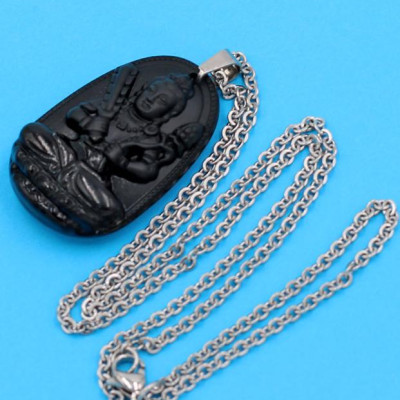 Vòng cổ phật Hư Không Tạng Bồ Tát - thạch anh đen 3.6cm DITTEB6 - dây inox bạc - kèm hộp nhung - tuổi Sửu, Dần
