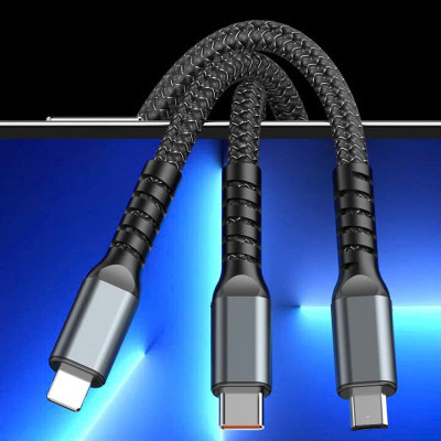 Dây cáp sạc nhanh 3 đầu ip typeC micro dây dù sạc 3 thiết bị cùng lúc Dây Sạc Tự Ngắt 100W Tích Hợp Usb 3 In 1 - Hàng Nhập Khẩu 