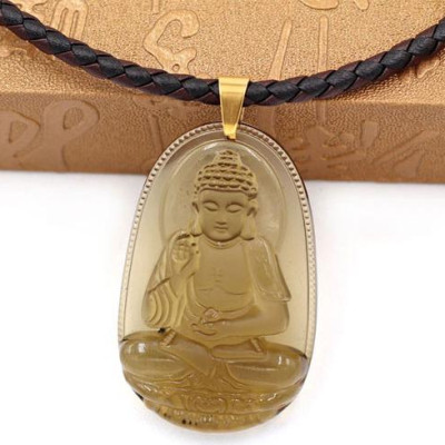 [Tuổi Tuất, Hợi] Dây Chuyền Mặt Phật A Di Đà Thạch Anh Khói 5cm + Dây Da - Mặt Size Lớn - Tặng Kèm Móc Inox - Phong Thủy 868 - May Mắn - Bình An