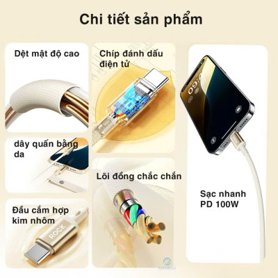 Dây cáp sạc nhanh 100W ROCKSPACE R18 chuẩn typeC to typeC - Hàng chính hãng bảo hành 12 tháng
