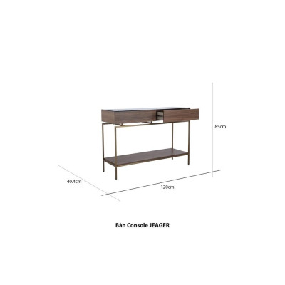 Bàn console trang trí JEAGER chân kim loại bền chắc, khung gỗ kèm kệ lửng và ngăn kéo kết hợp mặt kính cường lực cao cấp