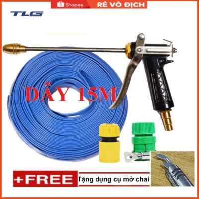 Bộ dây vòi xịt nước rửa xe, tưới cây . tăng áp 3 lần, loại 15m 206318 đầu đồng,cút+tặng mở chai