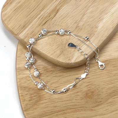 Vòng tay, lắc tay nữ  thiết kế mix bi dây kép bạc chuẩn 925 BẠC HIỂU MINH LTU538
