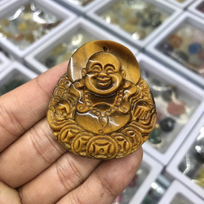 Mặt dây chuyền phật Di Lặc ngồi trên xâu tiền phong thủy đá mắt hổ