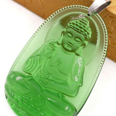 Vòng cổ dây cao su đen mặt Phật A Di Đà pha lê xanh lá 5cm DEFNXL7 - Phật bản mệnh tuổi Tuất, Hợi - Mặt size lớn