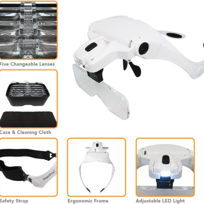 Kính lúp choàng đầu Magnipros MP9892 (có đèn LED và 5 thấu kính có thể tháo rời 1X, 1.5X, 2X, 2.5X, 3.5X) (Hãng Magnipros-Mỹ)