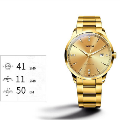 Đồng hồ nam chính hãng LOBINNI L19002-3, Chống nước 50m,Bh 24 tháng,Máy cơ Automatic,dây thép xịn