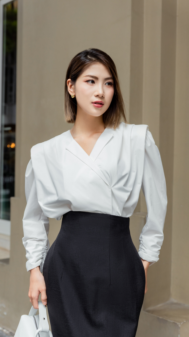 Áo sơ mi vai chờm có đệm Bianca thiết kế cao cấp WHITE CHIC