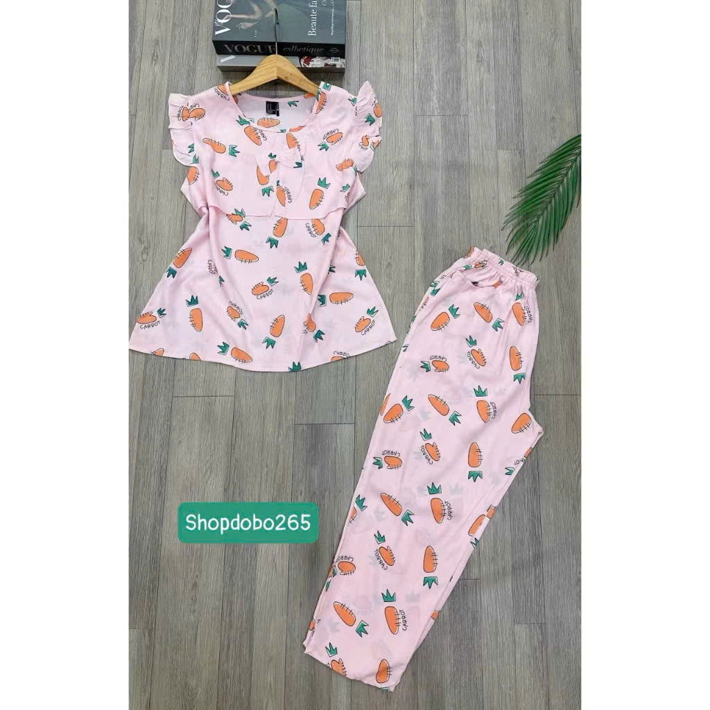 Đồ bộ nữ,đồ ngủ mặc nhà lửng 9 tấc áo 2 lớp tay cánh tiên vải lanh BL 42 họa tiết dễ thương size 51-65kg.