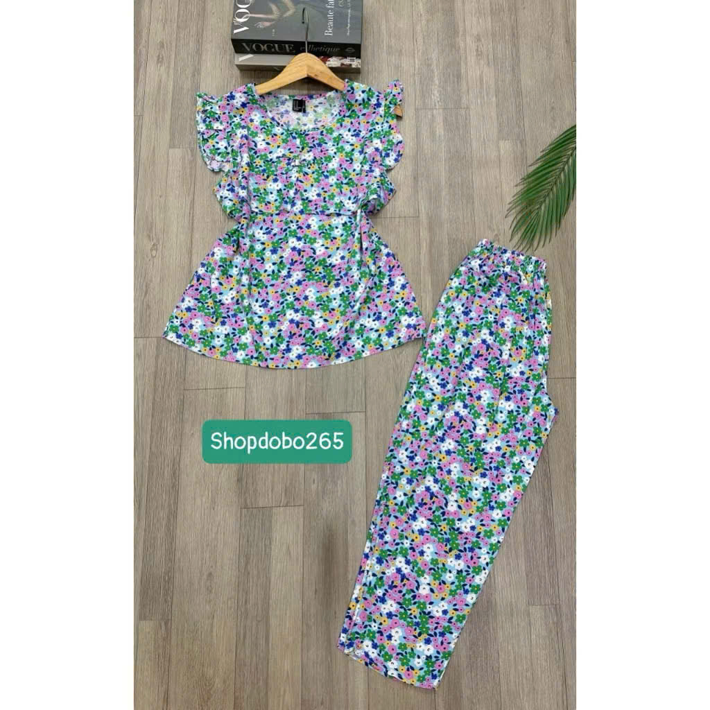 Đồ bộ nữ,đồ ngủ mặc nhà lửng 9 tấc áo 2 lớp tay cánh tiên vải lanh BL 42 họa tiết dễ thương size 51-65kg.