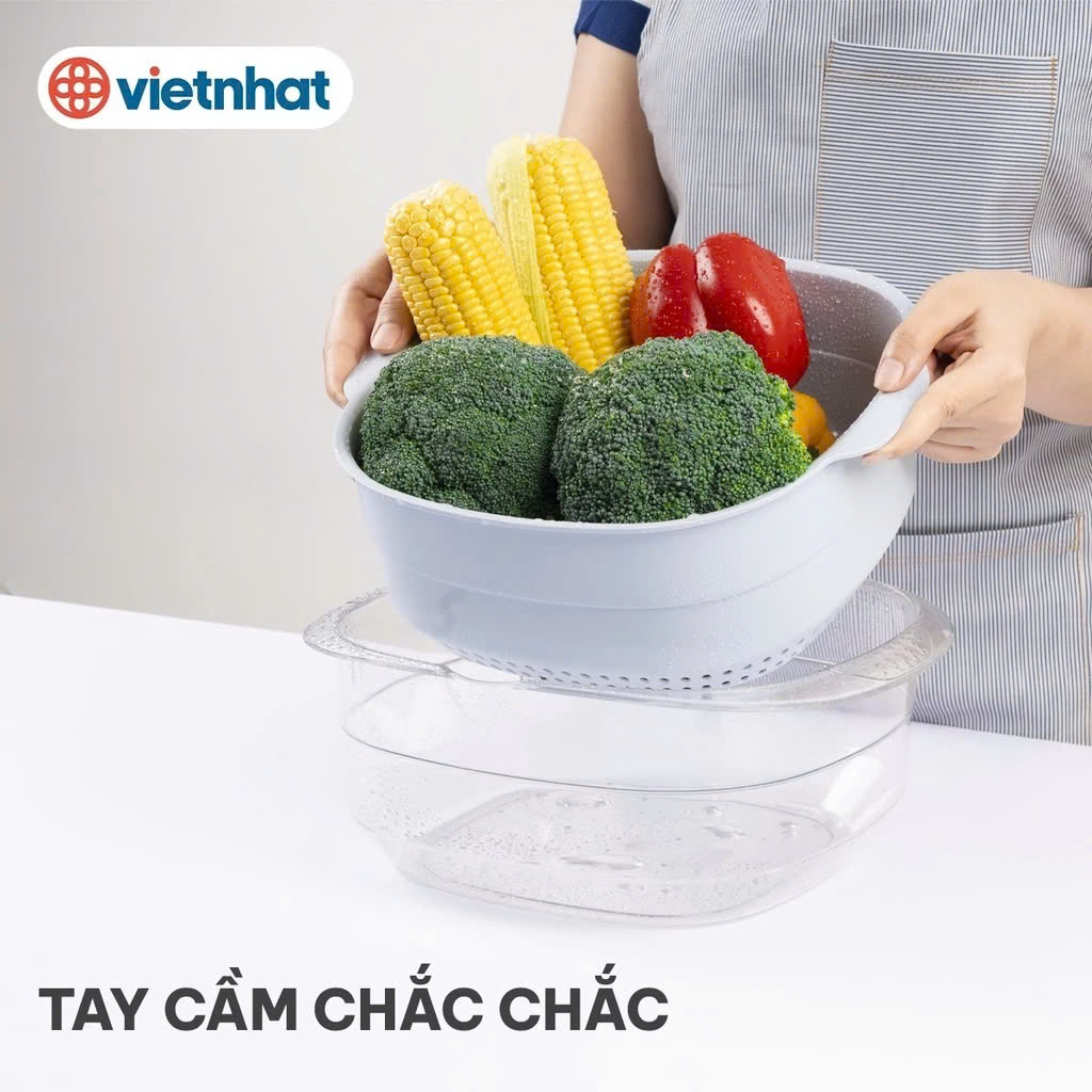 Bộ thau rổ vuông trong HOKORI nhựa VIỆT NHẬT cao cấp - Rửa rau củ quả, trộn thực phẩm - Hàng chính hãng